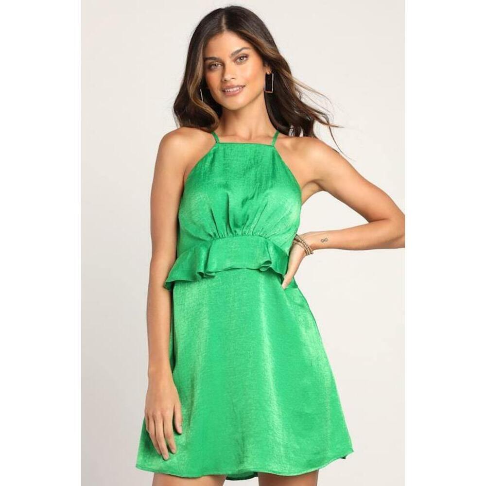 Lulus Looking Luxe Green Satin Peplum Flounce Mini Dress - Size L